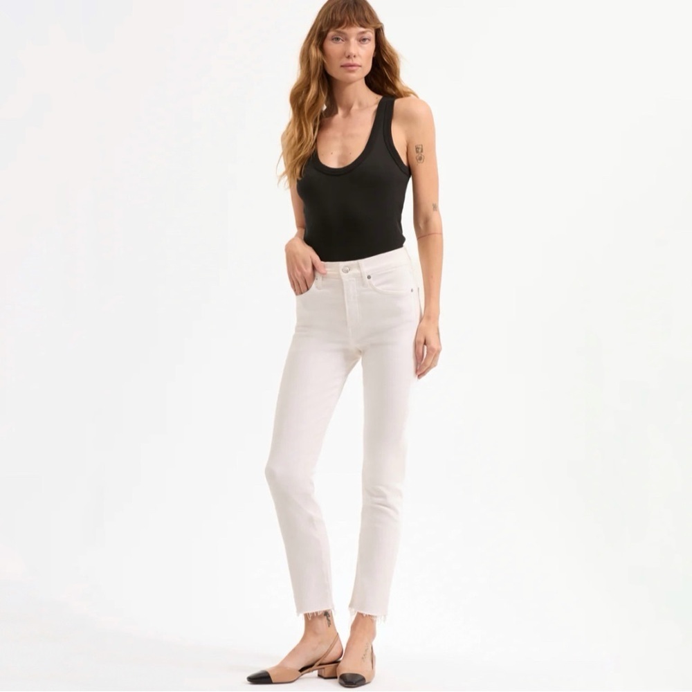 Veronica Beard Carly Kick Flare High Rise Jean Raw Hem Stretch Denim White 26